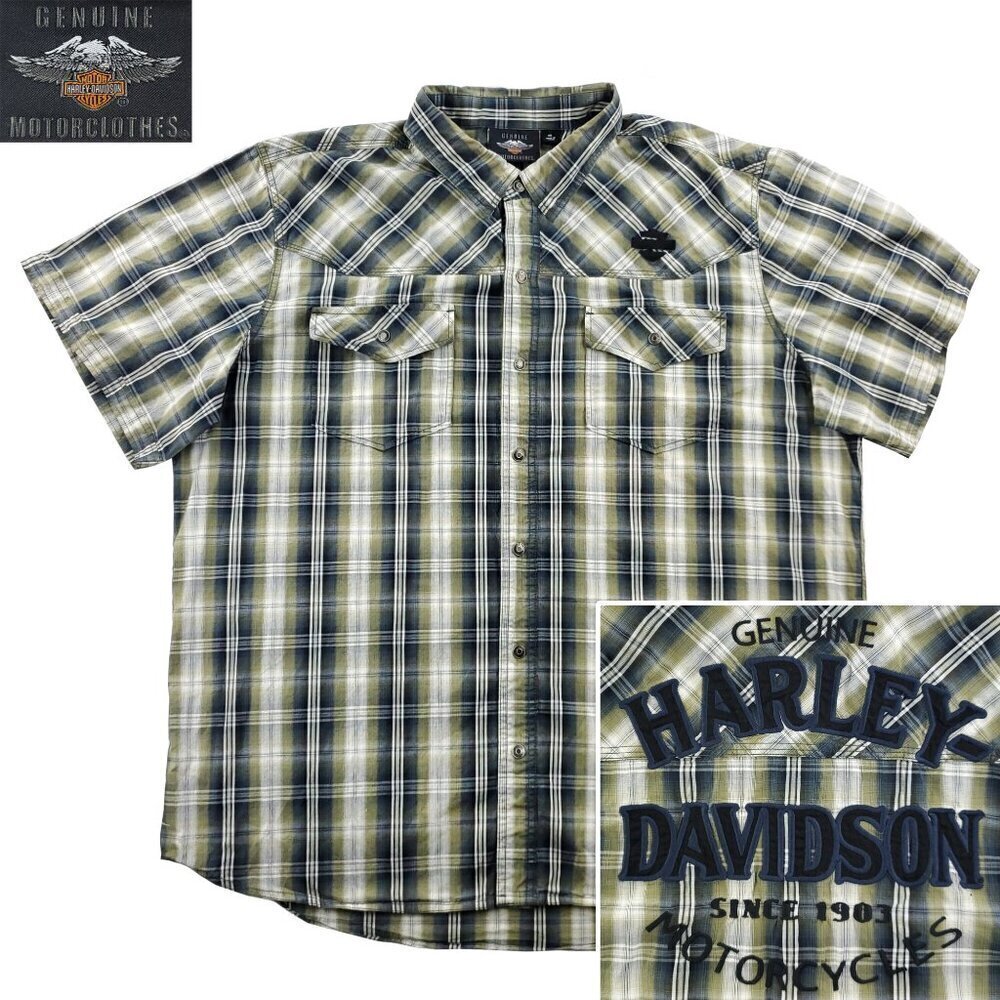 Harley Davidson MotorClothes Shirt Snap Up Plaid Biker Embroidered Men's 3XL